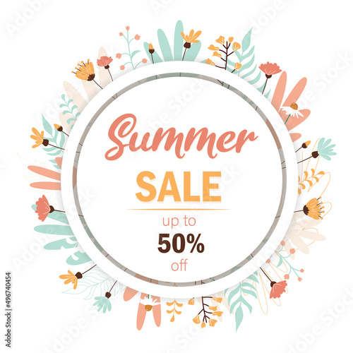 Summer sale  lettering. Banner  summer flowers and plants  leaves. Flower illustration. Red and green flowers  green leaves  red inscription. Up to 50 off.