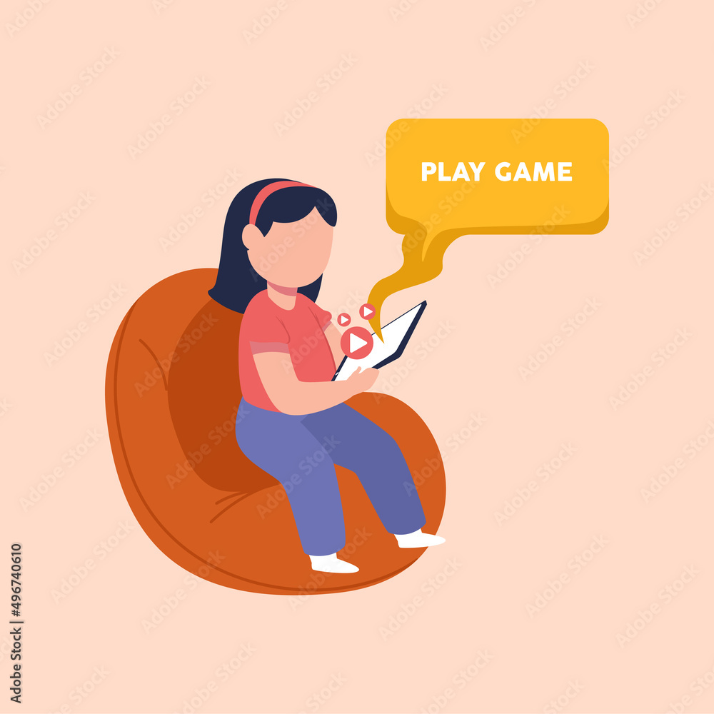 Young girl playing game on mini tablet. Colored flat graphic vector illustration. Young girl playing game on mini tablet. Colored flat graphic vector illustration.