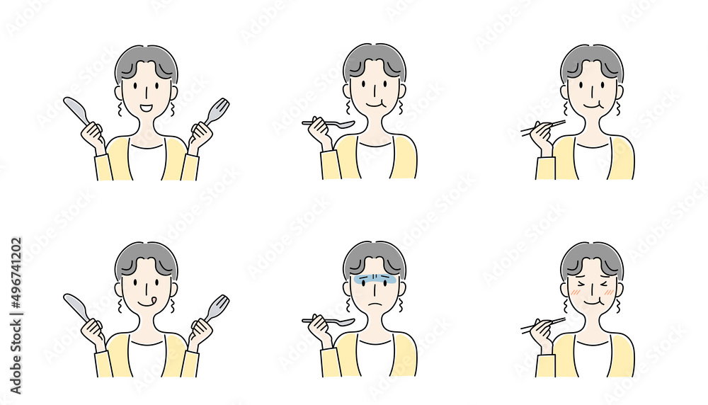 手描き風・食事をする女性のベクターイラストセット 手描き風・食事をする女性のベクターイラストセット