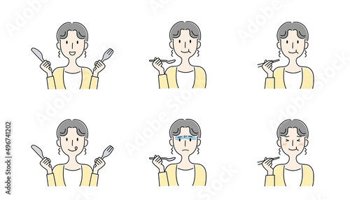 手描き風・食事をする女性のベクターイラストセット