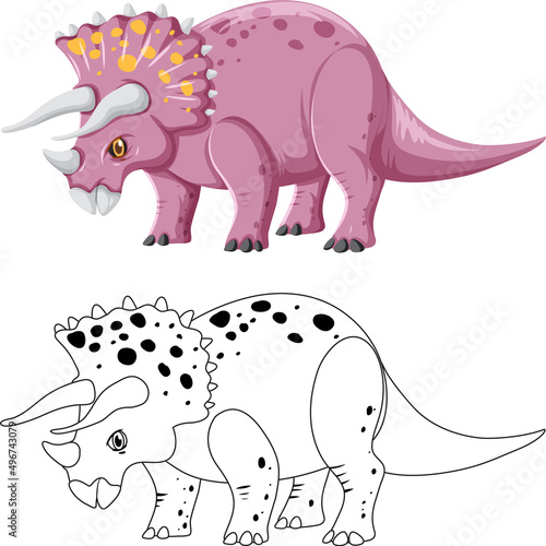 Triceratops dinosaur with its doodle outline on white background