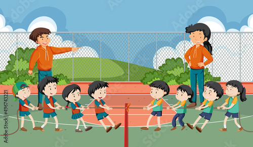 Children playing tug of war game