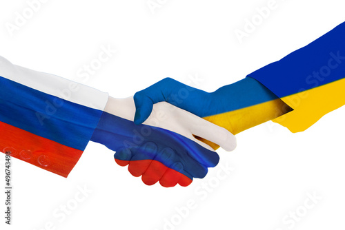 Handshake each other with Ukraine and Russia flag