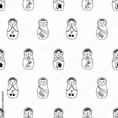 Russian matryoshka doll in doodle style. Seamless background for sewing clothes and printing on fabric. Packing paper.