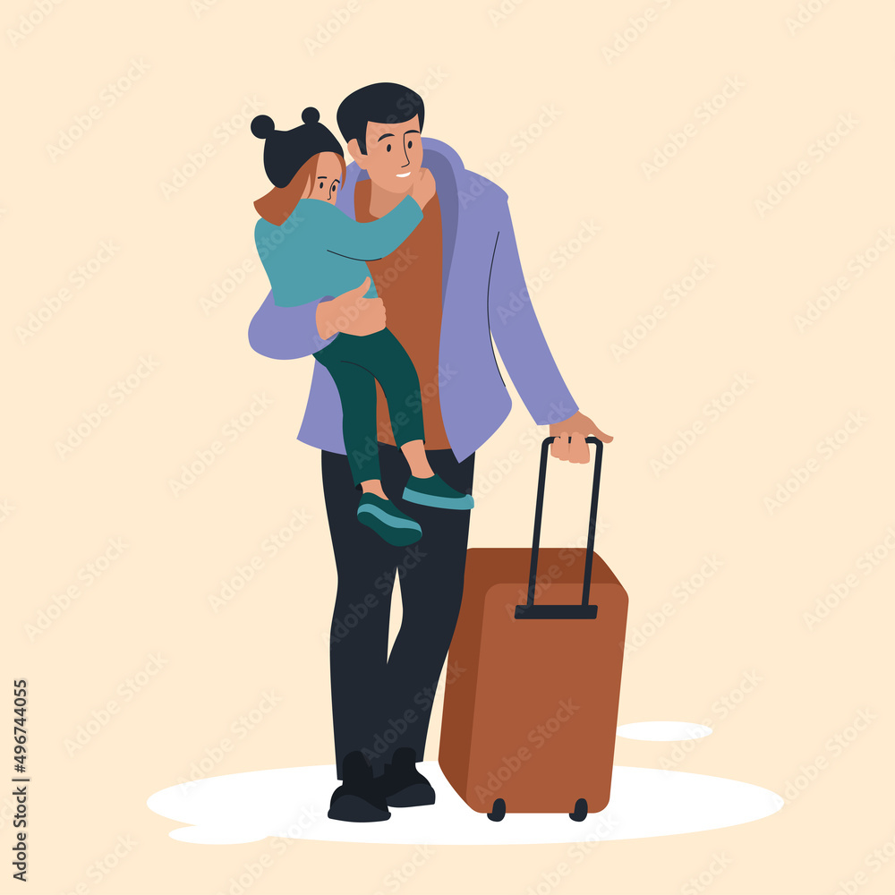 A man with a child. Refugees. Travel. Vector image. A man with a child. Refugees. Travel. Vector image.