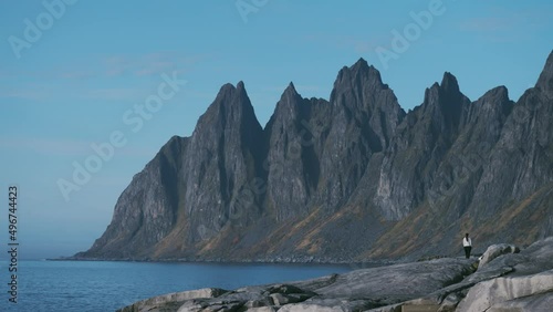 A rear view of a woman with a small dog walking along the shore at the Tungenesset rest area. Oksen mountain with its sharp peaks on the horizon. Slow-motion. photo