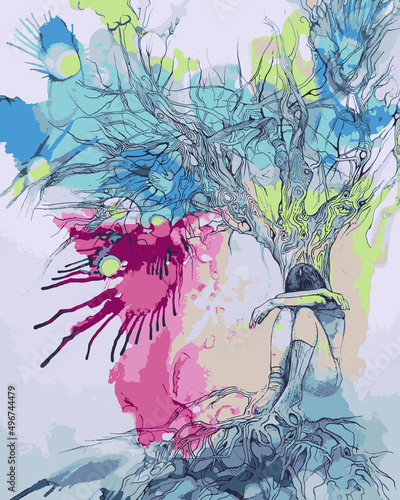 Vector illustration of colour blind girl sitting under the tree with abstract background.