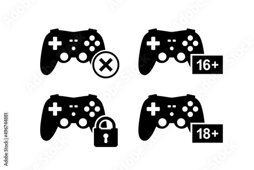 Game controller icons. Joystick with padlock. Parental control labels. Age restrictions. Control for media content in Internet. Ban for games. Set of monochromatic pictograms.