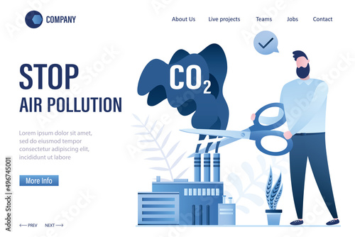 Politician or business owner cutting harmful industry emissions with large scissors. Factory with dirty emissions. Stop air pollution, landing page template. Ecological, environment problems.