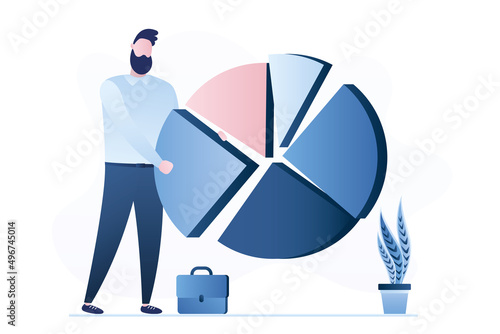 Confident businessman is holding pieces of chart. Business presentation. Financial analyst with chart. Analysis of work processes, economic indicators. © naum