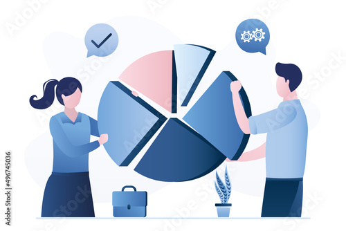 Group of confident businesspeople holds pieces of chart. Business presentation. Financial analysts with chart. Teamwork, analysis of work processes, economic indicators.