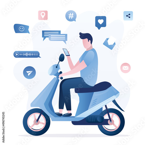 Driver man ride on motorcycle and surfs internet, social media. Male character sits on bike and uses smartphone. Extreme driving. Socializing, entertainment and content viewing.