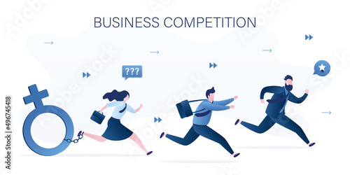 Discrimination, gender gap. Businessmen fast run ahead and unhappy business woman is chained to gender sign and losing. Inequality, sexism concept. Horizontal banner.