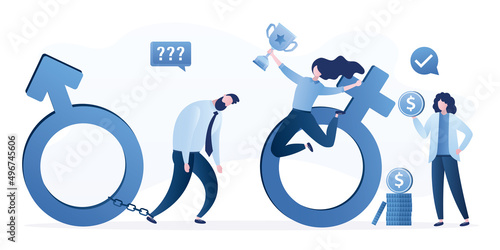 Business competition. Happy businesswomen with reward and money, sad businessman is chained to gender sign. Inequality, sexism. Discrimination, concept. Gender gap. Horizontal banner.