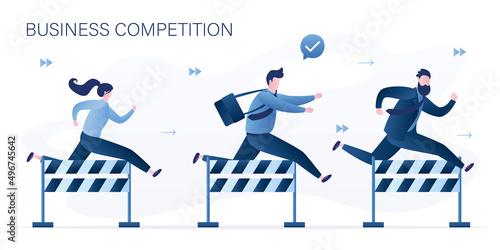 Businesspeople or employees jumps over hurdles. Overcoming obstacles, solving business problems. Skills improvement. Business competition. Colleagues fast run. Confident character.