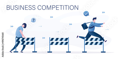 Businesspeople jumps over hurdle. Overcoming obstacles, solving business problems. Business competition. Male employee fast run, woman manager lagging behind. Confident character.