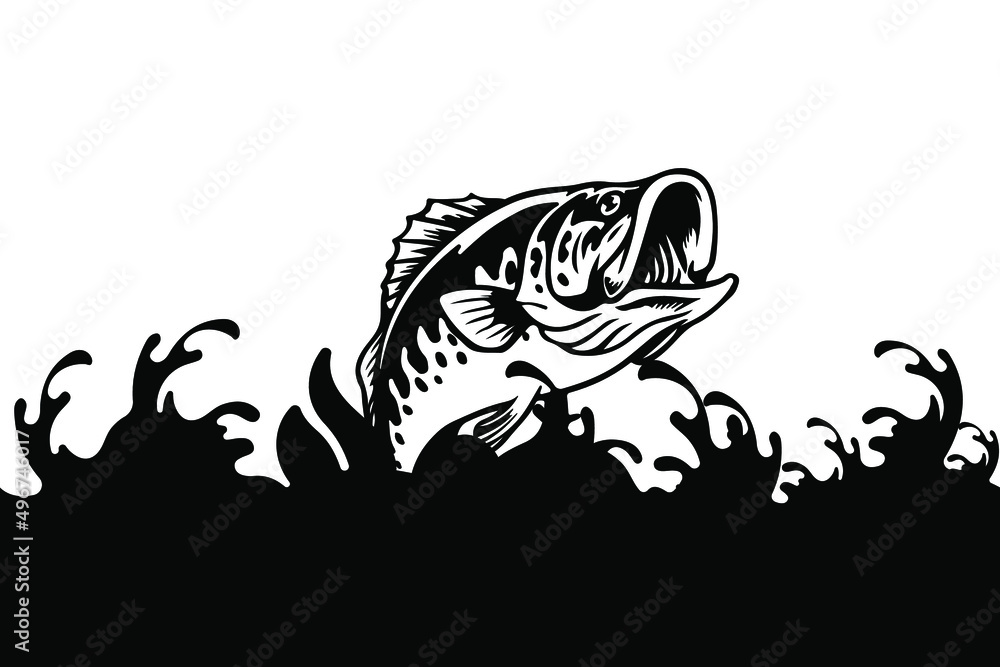 Fototapeta premium Fish in the sea or stormy river, black sign on a white background, vector illustration