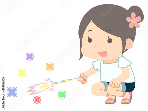 花火をする女の子のイラスト	
