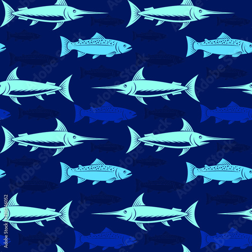 Fish on a blue background  seamless pattern  texture for fabric design  wallpaper and tile  vector illustration