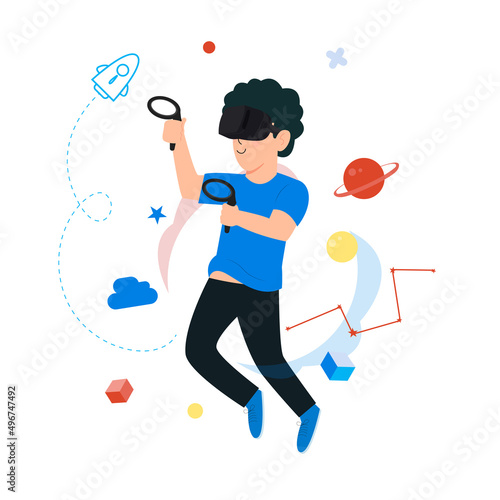 A Young man with funy virtual reality VR headset. People vector illustration.
 photo