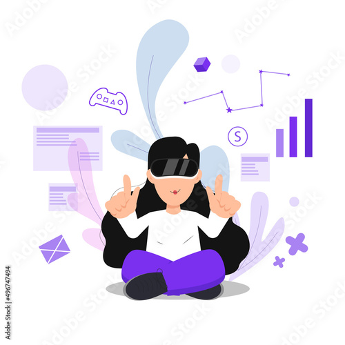 A Young girl with funy virtual reality VR headset. People vector illustration. 