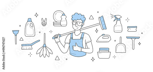 Cleaning and household chores doodle concept. Man in apron, glasses and rubber gloves holding brush. Detergent bottle, cleaner spray, sparkle dishes, scoop, iron, plunger, Line art vector illustration