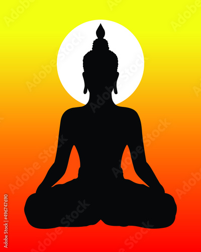 Lord Buddha silhouette with sunset background.