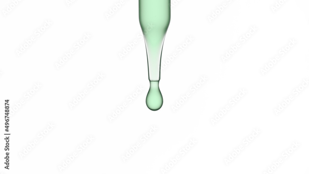 Drop of green transparent fluid is hanging from lab dropper on white background | Abstract face care serum ingredients formulation concept Drop of green transparent fluid is hanging from lab dropper on white background | Abstract face care serum ingredients formulation concept