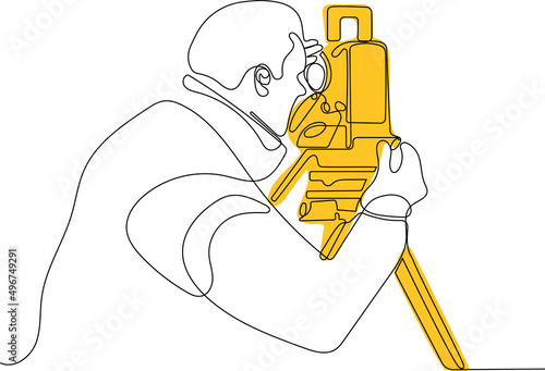 Surveyor with a tripod icon. man in helmet and a geodesic tripod. linear illustration. Vector illustration