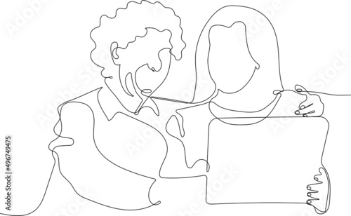 Continuous one line drawing of adult daughter helps to elderly mother with notebook usage explains teaches older relative or your design minimal outline. Vector illustration
