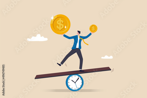 Time value of money, sum of money worth more now at present time than future, inflation or earning cost, value depend on time, businessman investor holding money big and small coin on clock seesaw.