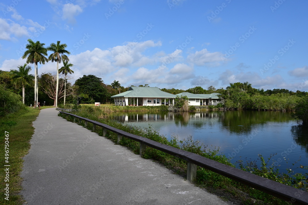 Royal Palm Visitor Center and Anhinga Trail in Everglades National Park on sunny spring morning..