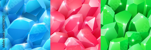Seamless patterns with crystals and gems. Vector cartoon textures of blue, green and pink jewel stones, bright diamonds or quartz. Abstract background with cristal rocks, colorful glass prisms