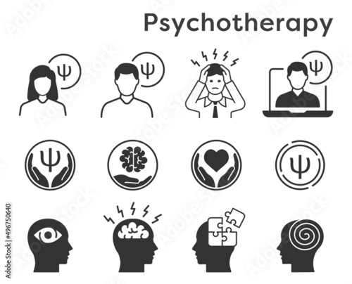 Psychotherapy icons, such as brain, emotion, doctor, depression and more. Vector illustration.