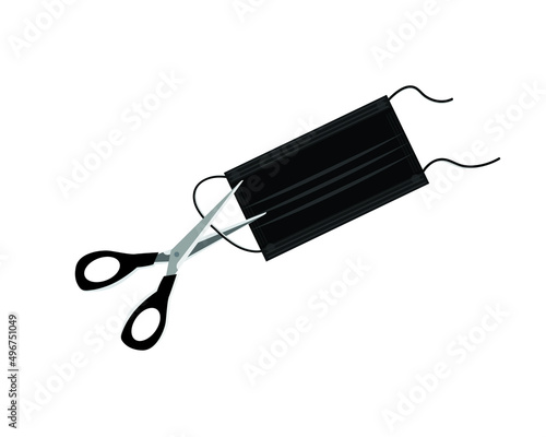 Cut straps of a face mask before throwing concept. Scissors and corona face mask icon.