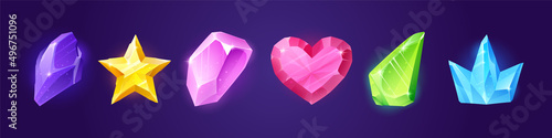 Precious gems, crystal stones in shape of heart, star, triangle and crown. Vector cartoon set of shiny color gemstones, topaz, amethyst, quartz. Game icons of magic mineral crystals