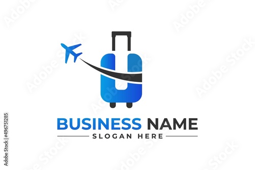 u letter trolly and plane travel hotel resort beach tour adventure holiday vacation logo.