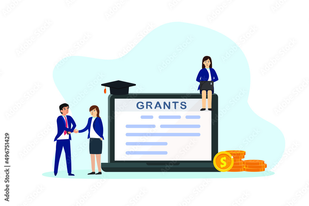 Grants vector concept. Two business people handshaking together while standing with grants document on the laptop near pile of money Grants vector concept. Two business people handshaking together while standing with grants document on the laptop near pile of money