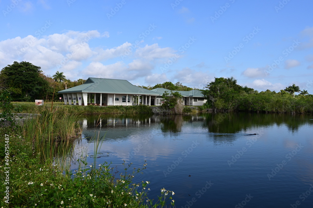 Royal Palm Visitor Center and Anhinga Trail in Everglades National Park on sunny spring morning.. Royal Palm Visitor Center and Anhinga Trail in Everglades National Park on sunny spring morning..