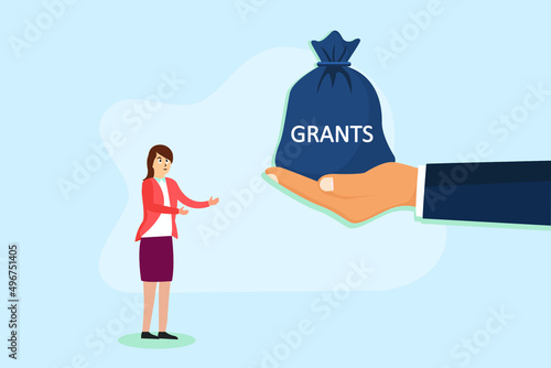 Grants vector concept. Hand giving a money bag with grants word for female college student