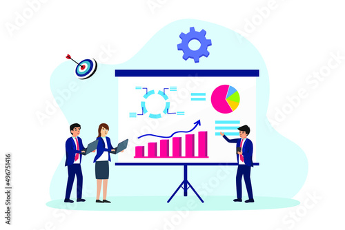 Growth financial vector concept. Male manager showing growth finance graph on the whiteboard to his colleagues while doing meeting in the office