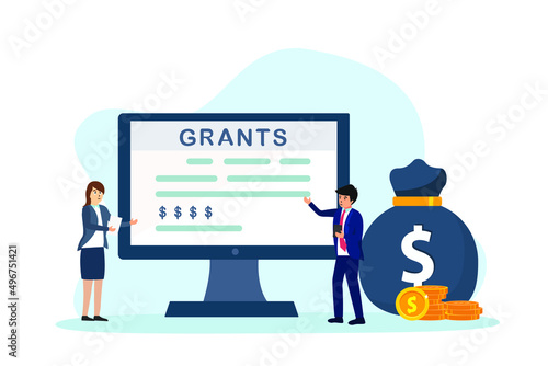 Grants vector concept. Two business people discussing about grants while standing with money bag