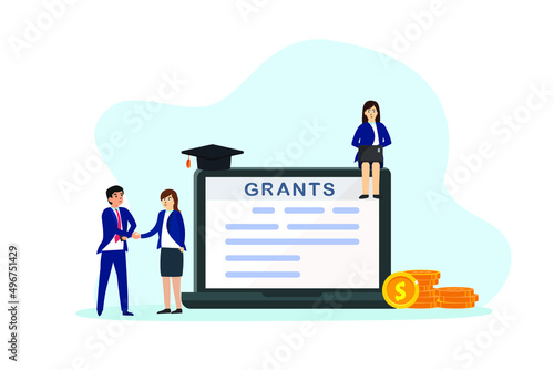 Grants vector concept. Two business people handshaking together while standing with grants document on the laptop near pile of money photo