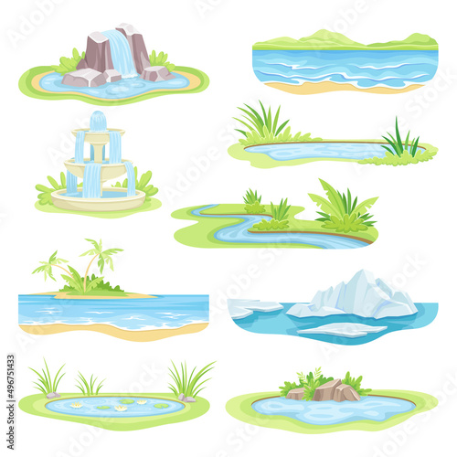 Fototapeta Naklejka Na Ścianę i Meble -  Natural Water Landscape with Flowing River Stream, Waterfall, Pond and Fountain Vector Set