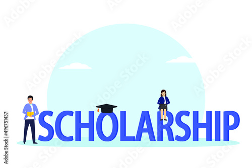 Scholarship vector concept. Two college students studying together near the scholarship text