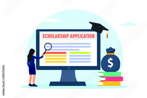 Scholarship vector concept. Young woman checking scholarship application on the computer while looking with magnifying glass