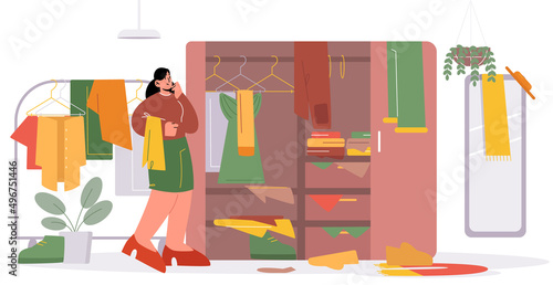 Woman choose clothes in wardrobe. Vector flat illustration of walk in closet room with cabinet, hanger rack, mirror, and scattered untidy garment and accessories. Girl in cloakroom with clutter