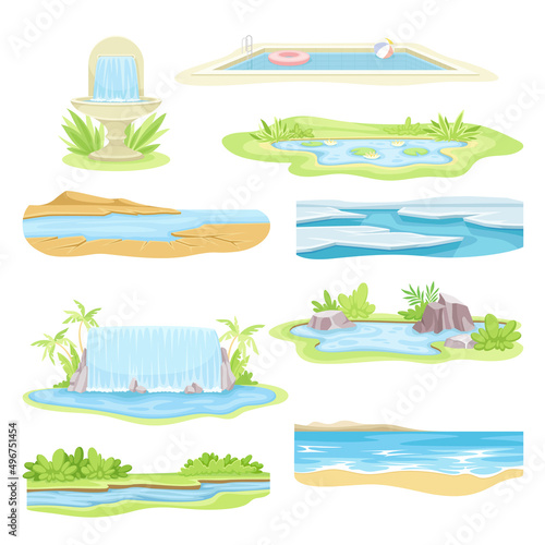 Natural Water Landscape with Flowing River Stream, Waterfall, Pond and Fountain Vector Set