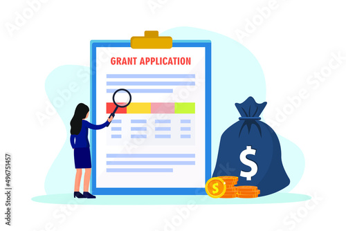 Grant application vector concept. Young woman checking grant application on the clipboard while looking with magnifying glass