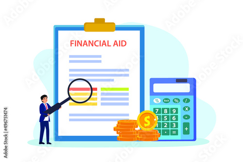 Financial aid vector concept. Businessman checking financial aid document on the clipboard while using a magnifying glass
